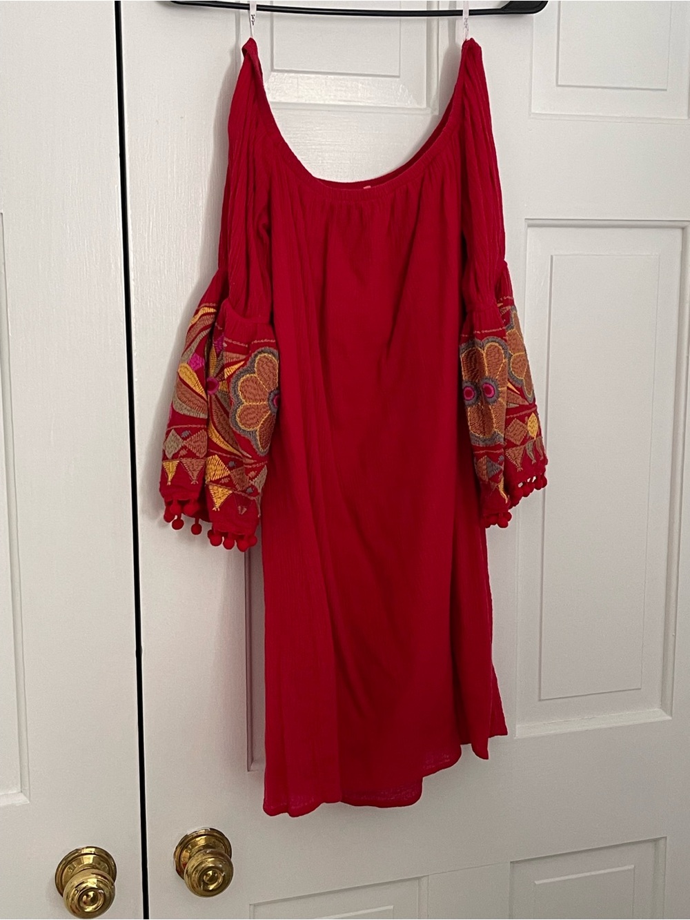 Vava by Joy Han Red Off-Shoulder Embroidered Balloon Sleeve Dress